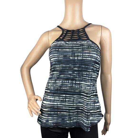Free Country Black Striped Built-in Bra Spaghetti Strap Tankini Swim Top Size S - Picture 1 of 5